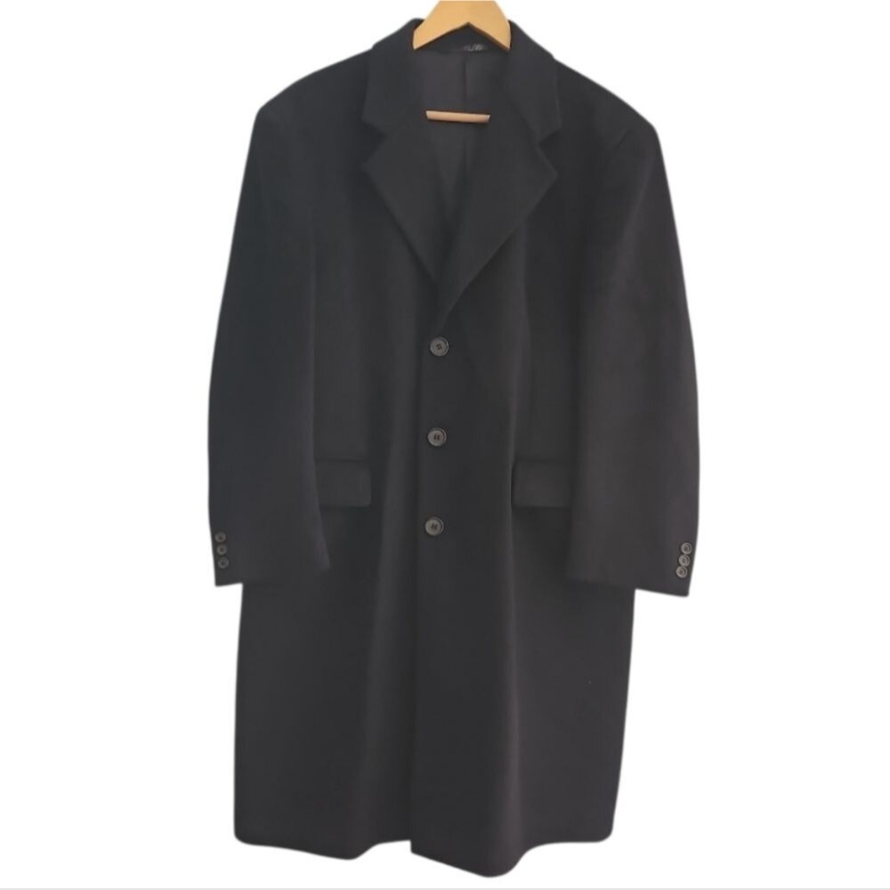 John Weitz Wool Blend Overcoat Men 44R Black Long Coat Classic Topcoat Formal